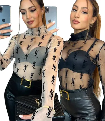 YSL European and American women's cross-border Amazon sexy see-through high-neck long-sleeved flocked high-quality top T-shirt #A64626